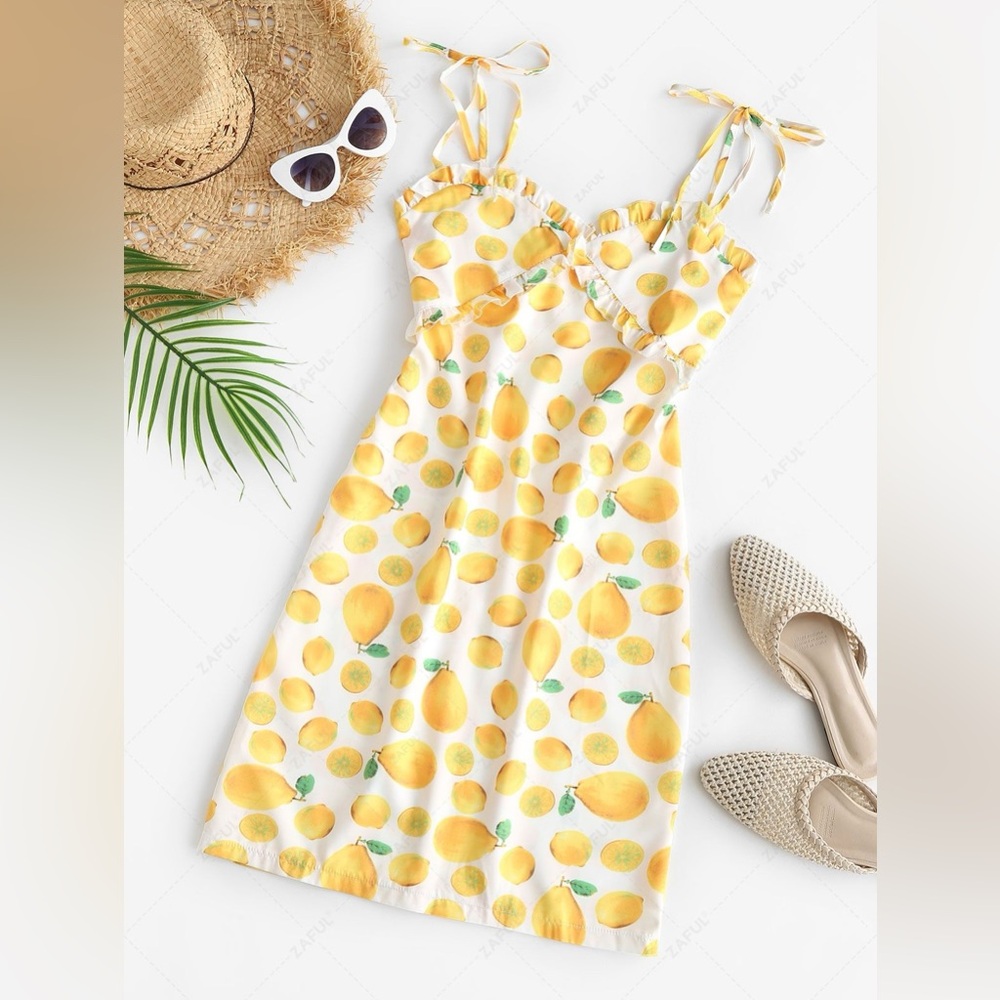 Tie Strap Lemon Print Frilled Cami Dress